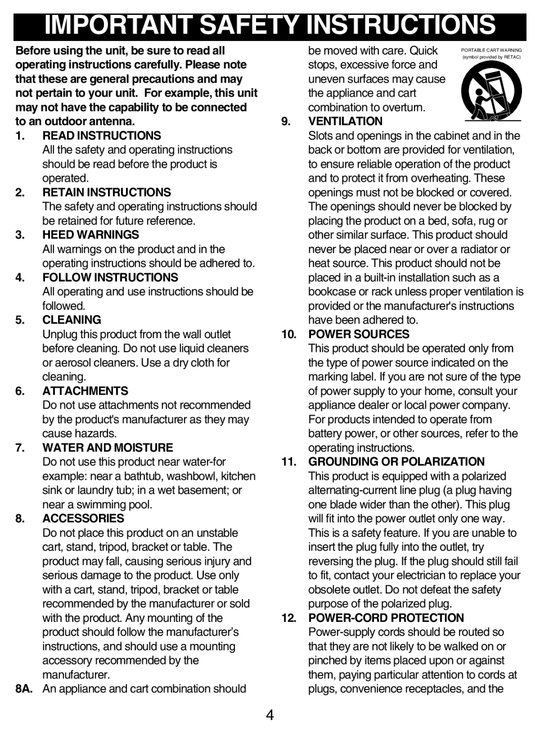 Disney DCR4500-P manual Important Safety Instructions 