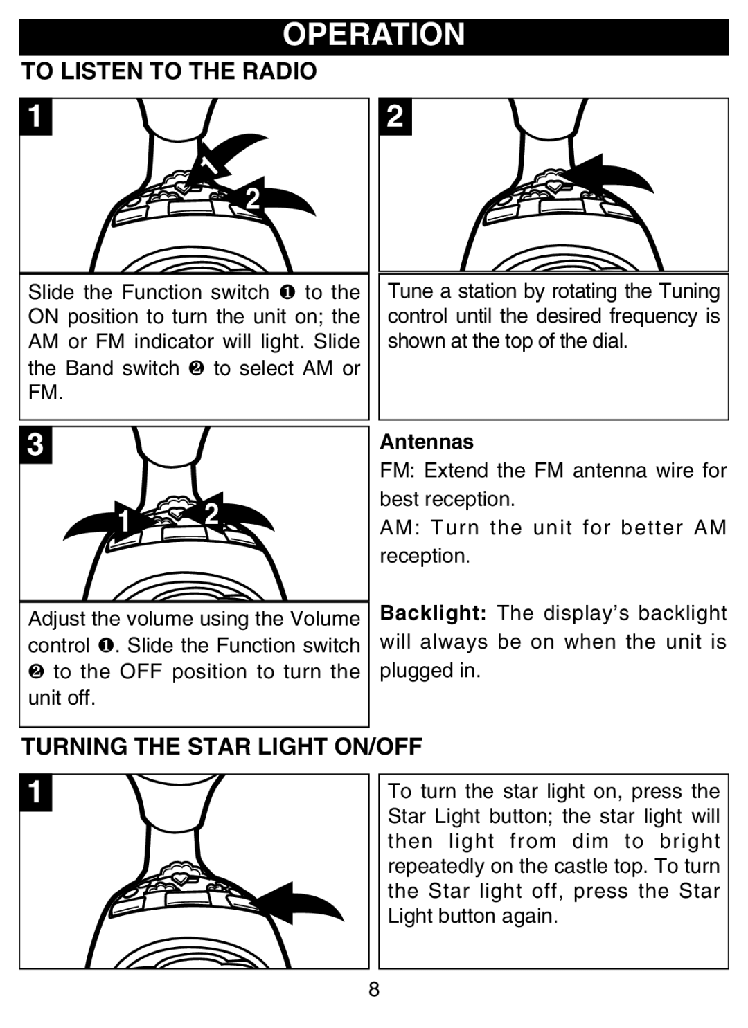 Disney DCR4500-P manual Operation, To Listen to the Radio, Turning the Star Light ON/OFF 