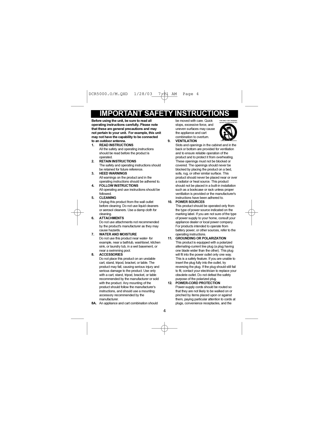 Disney DCR5000-P manual Important Safety Instructions 