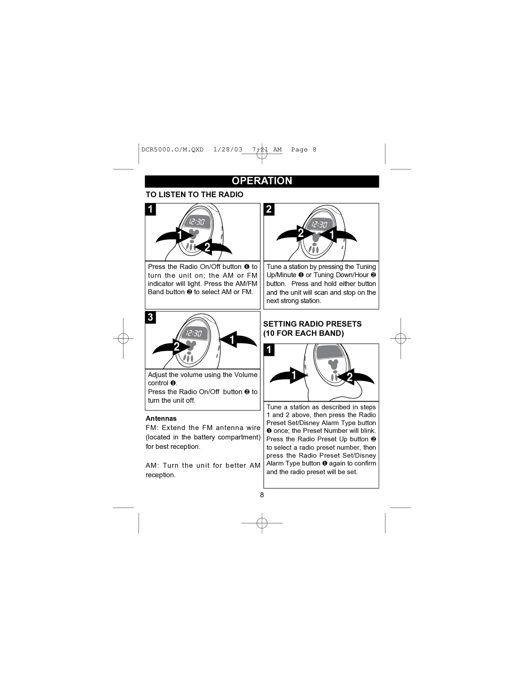 Disney DCR5000-P manual Operation, To Listen to the Radio, Setting Radio Presets 10 for Each Band 