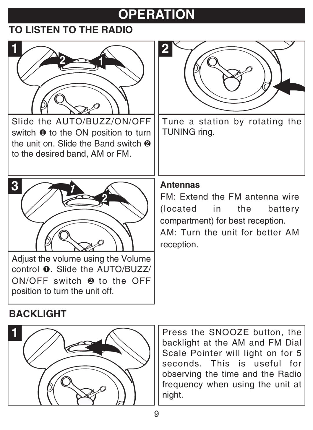 Disney DCR5500-C manual Operation, To Listen to the Radio, Backlight 