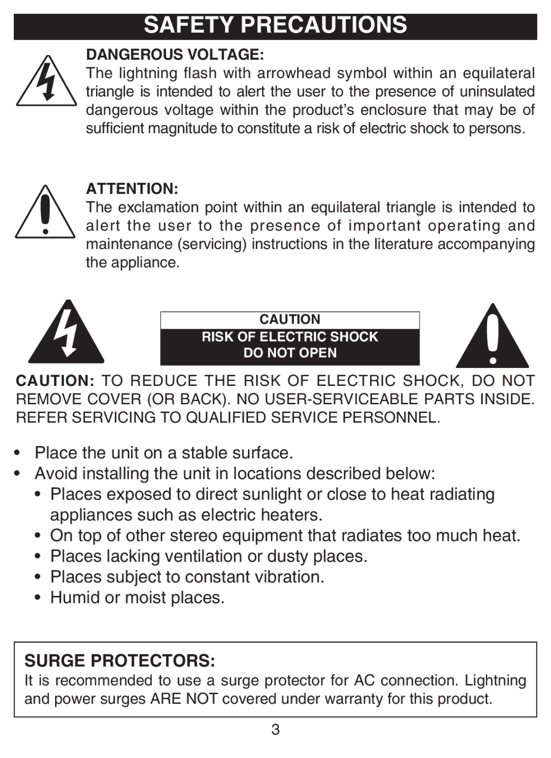 Disney DCR5500-C manual Safety Precautions, Surge Protectors 