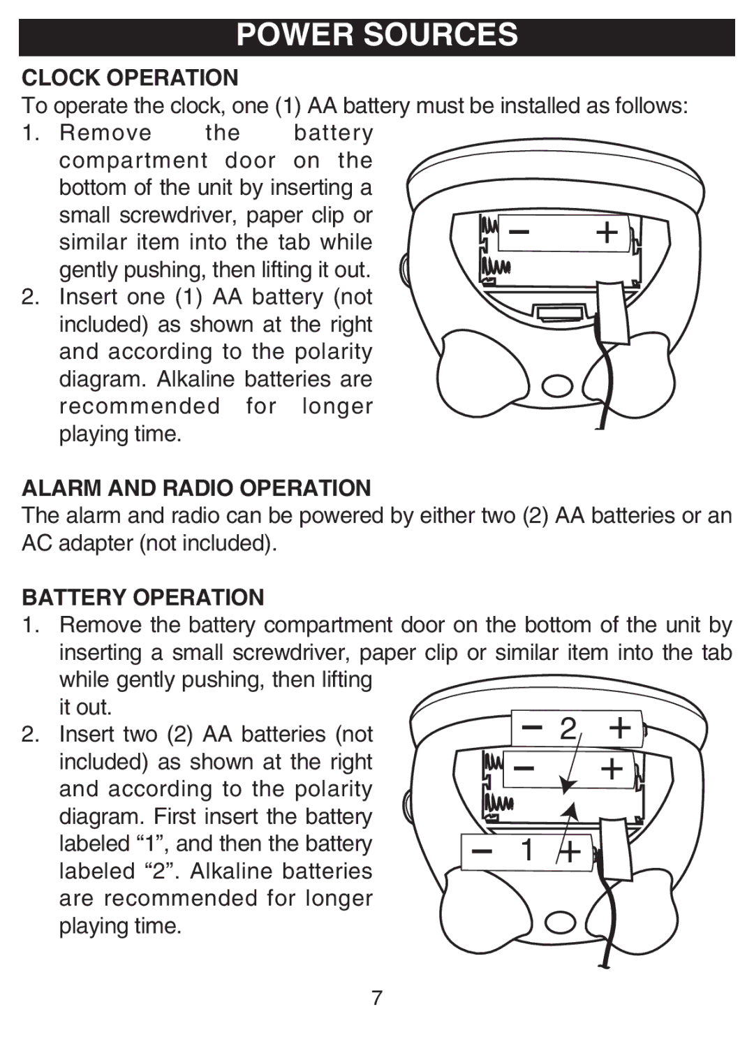 Disney DCR5500-C manual Power Sources, Clock Operation, Alarm and Radio Operation, Battery Operation 