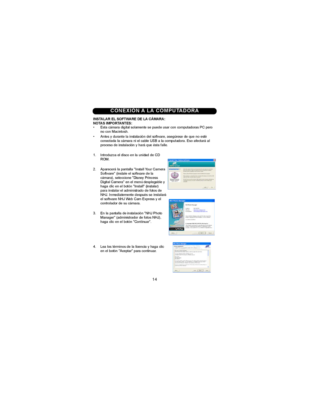Disney DDC9000-P manual Conexión a LA Computadora, Instalar EL Software DE LA Cámara Notas Importantes 
