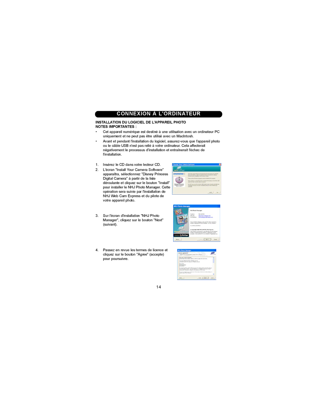 Disney DDC9000-P manual Connexion À Lordinateur, Installation DU Logiciel DE Lappareil Photo 