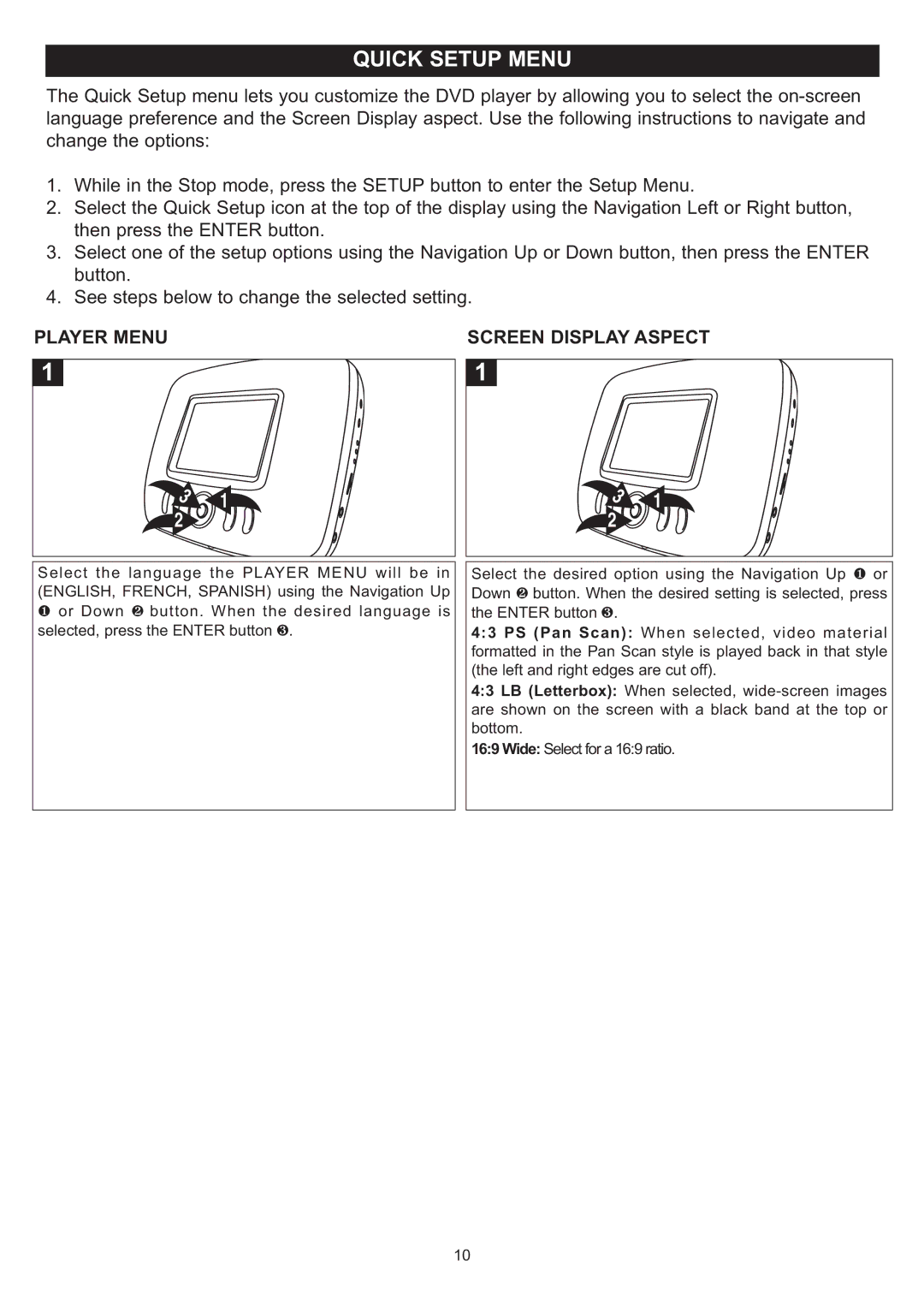 Disney DP3500-FLR, DP3500-MKY, DP3500-POW, DP3500-PRN, DP3500-MC manual Quick Setup Menu, Screen Display Aspect 