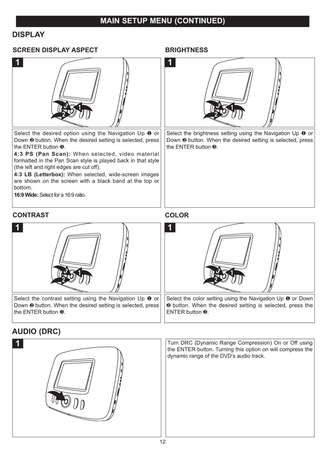 Disney DP3500-PRN, DP3500-MKY, DP3500-FLR, DP3500-POW, DP3500-MC manual Screen Display Aspect, Contrast, Brightness, Color 