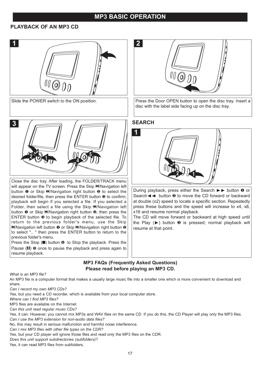 Disney DP3500-PRN, DP3500-MKY, DP3500-FLR, DP3500-POW, DP3500-MC manual MP3 Basic Operation, Playback of AN MP3 CD, Search 