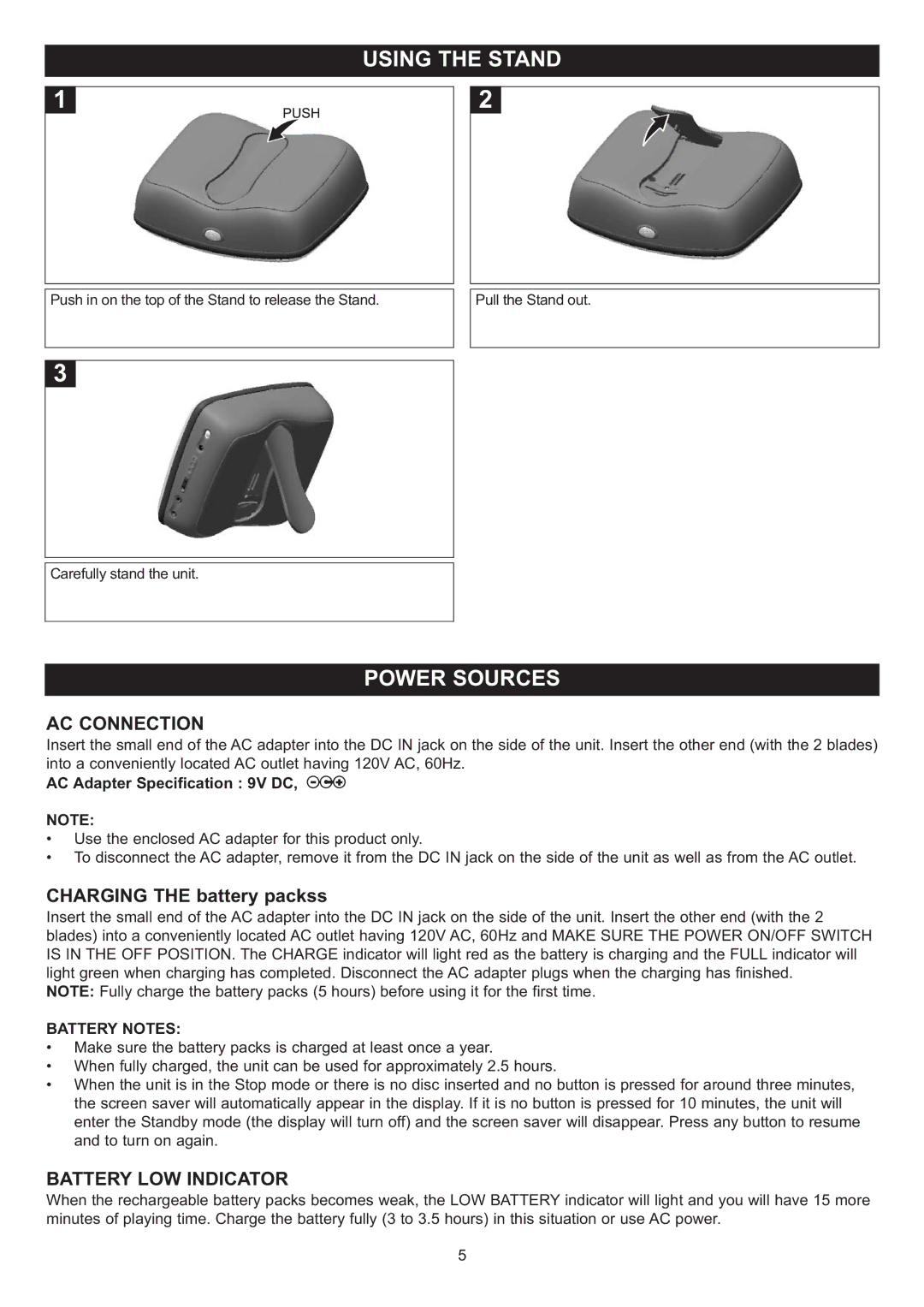 Disney DP3500-FLR, DP3500-MKY manual Using the Stand, Power Sources, AC Connection, Battery LOW Indicator, Battery Notes 