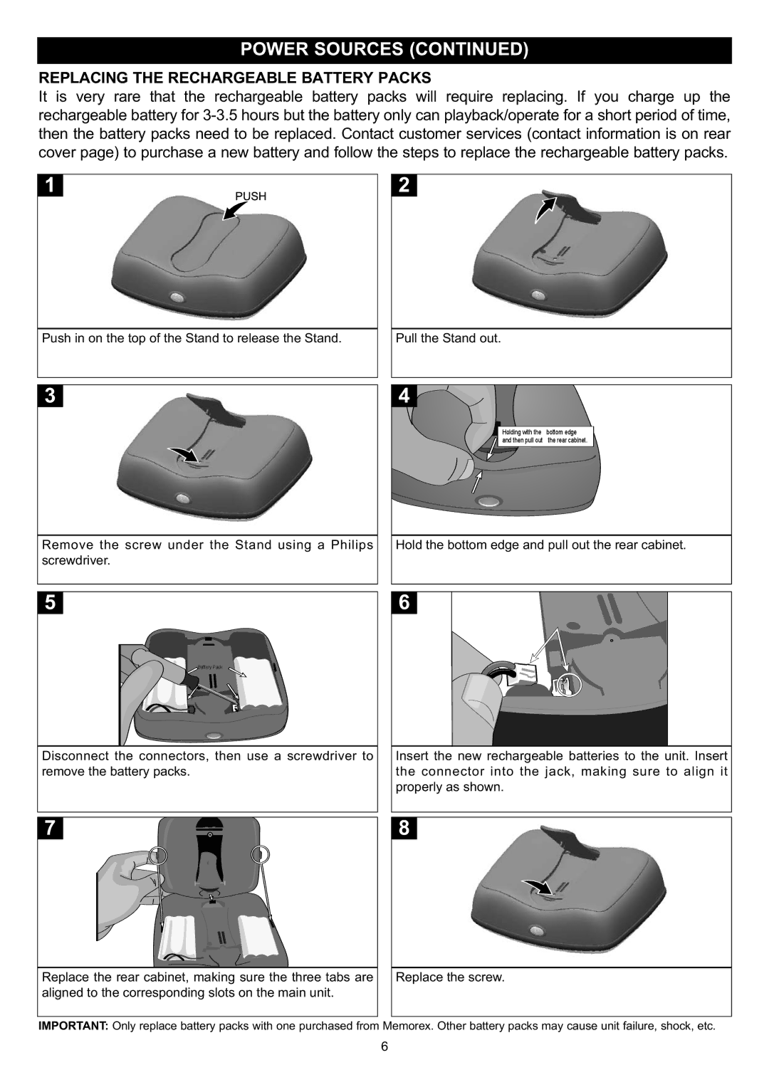 Disney DP3500-POW, DP3500-MKY, DP3500-FLR, DP3500-PRN, DP3500-MC manual Replacing the Rechargeable Battery Packs 