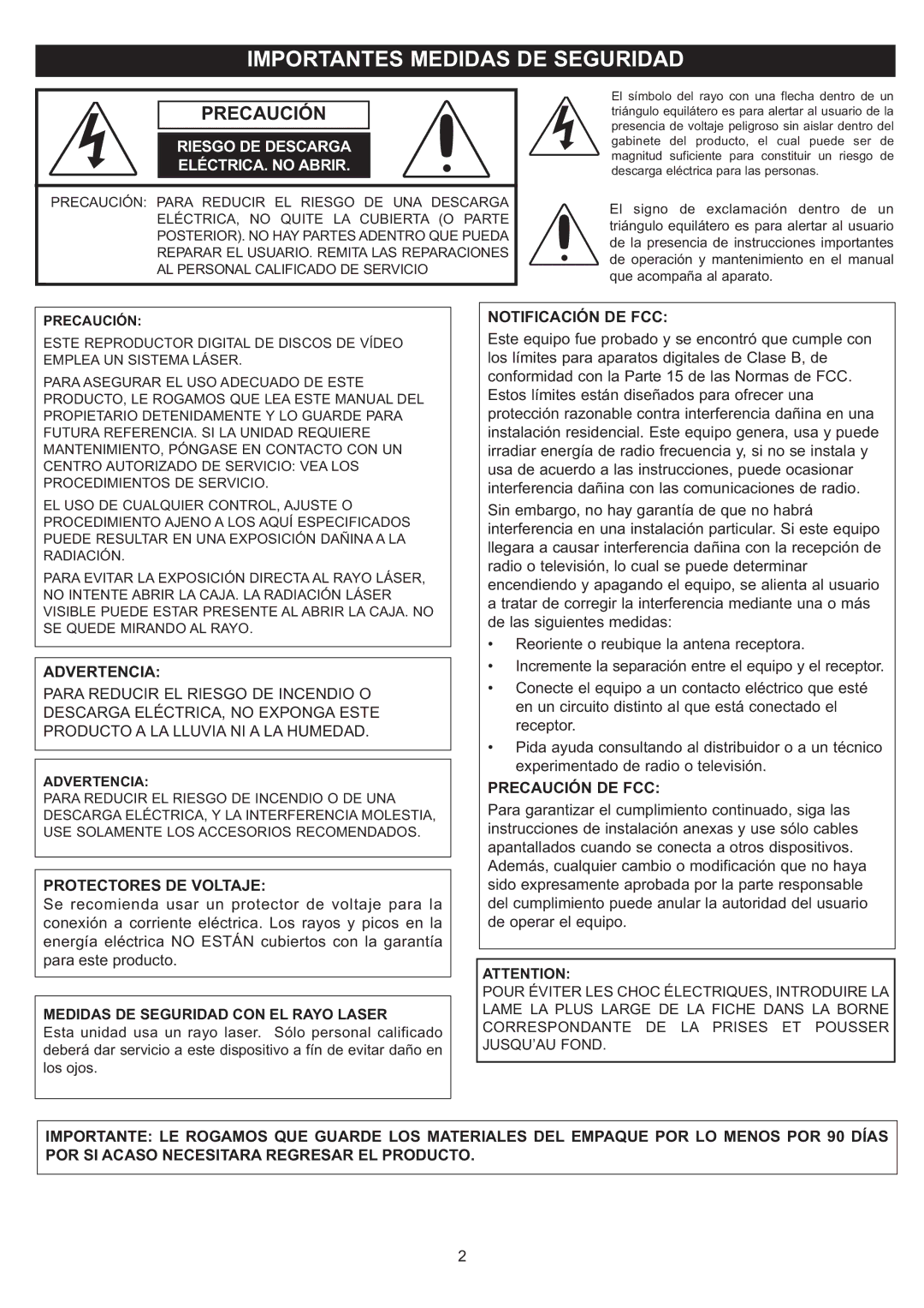 Disney DP7000 manual Importantes Medidas DE Seguridad, Precaución 