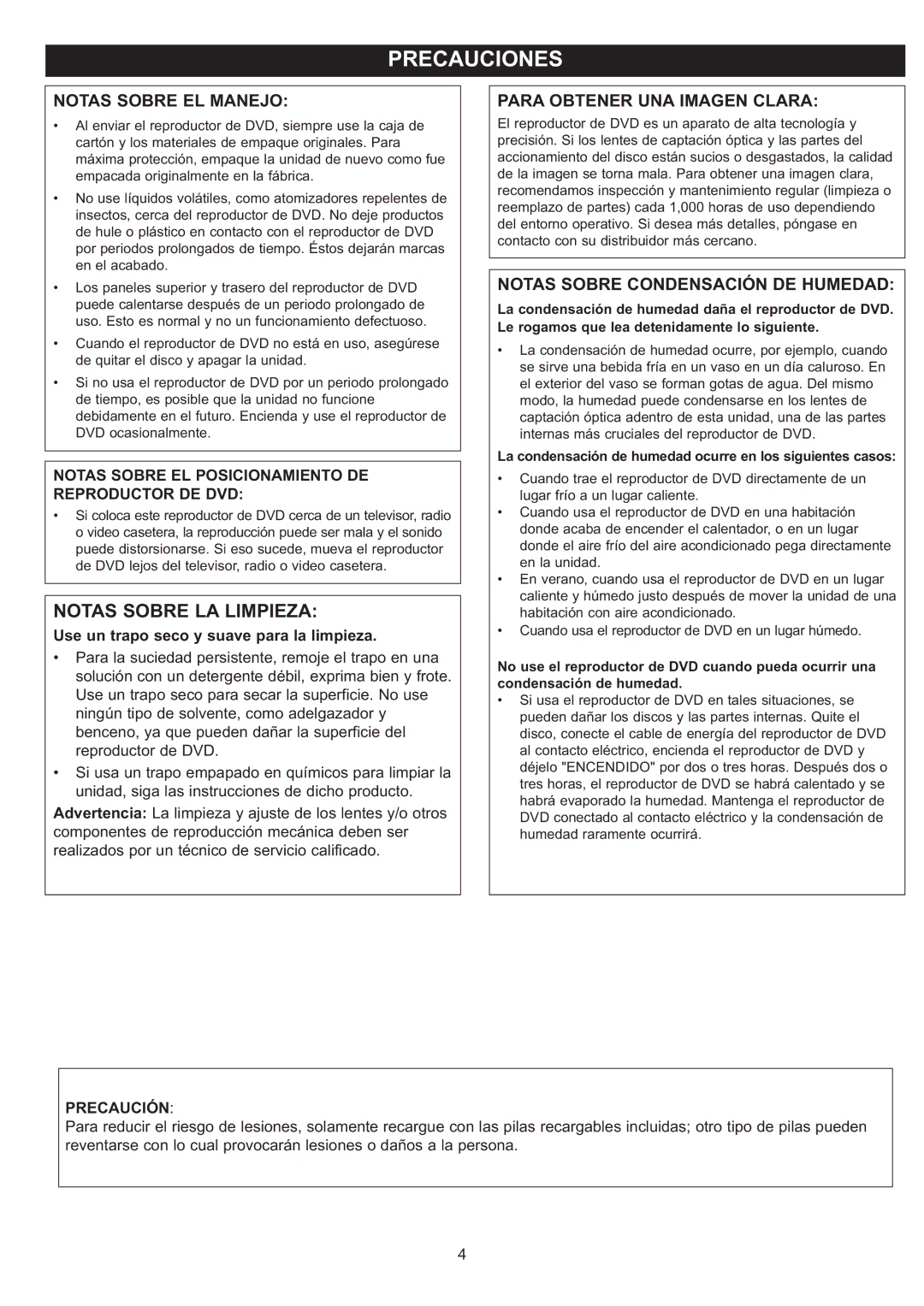 Disney DP7000 Precauciones, Notas Sobre LA Limpieza, Notas Sobre EL Posicionamiento DE Reproductor DE DVD, Precaución 