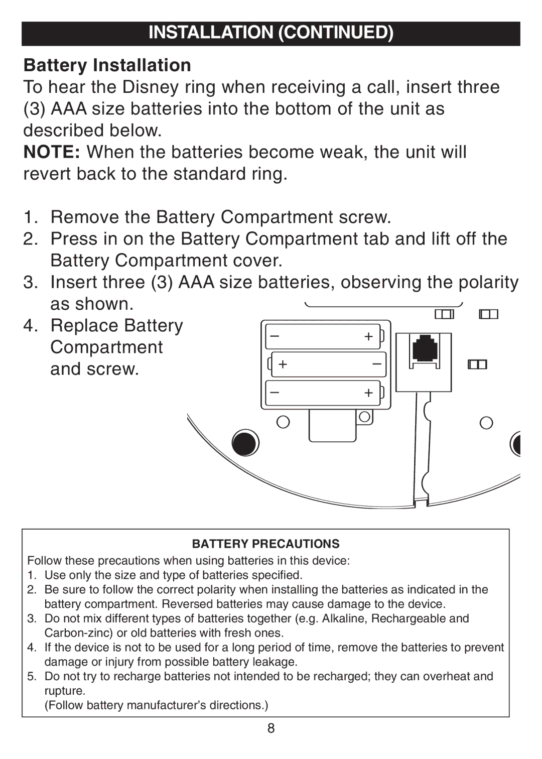 Disney DPH8010-P manual Battery Installation 