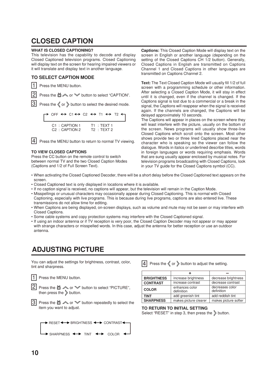 Disney DT1900-P manual Closed Caption, Adjusting Picture, To Select Caption Mode, To Return to Initial Setting 