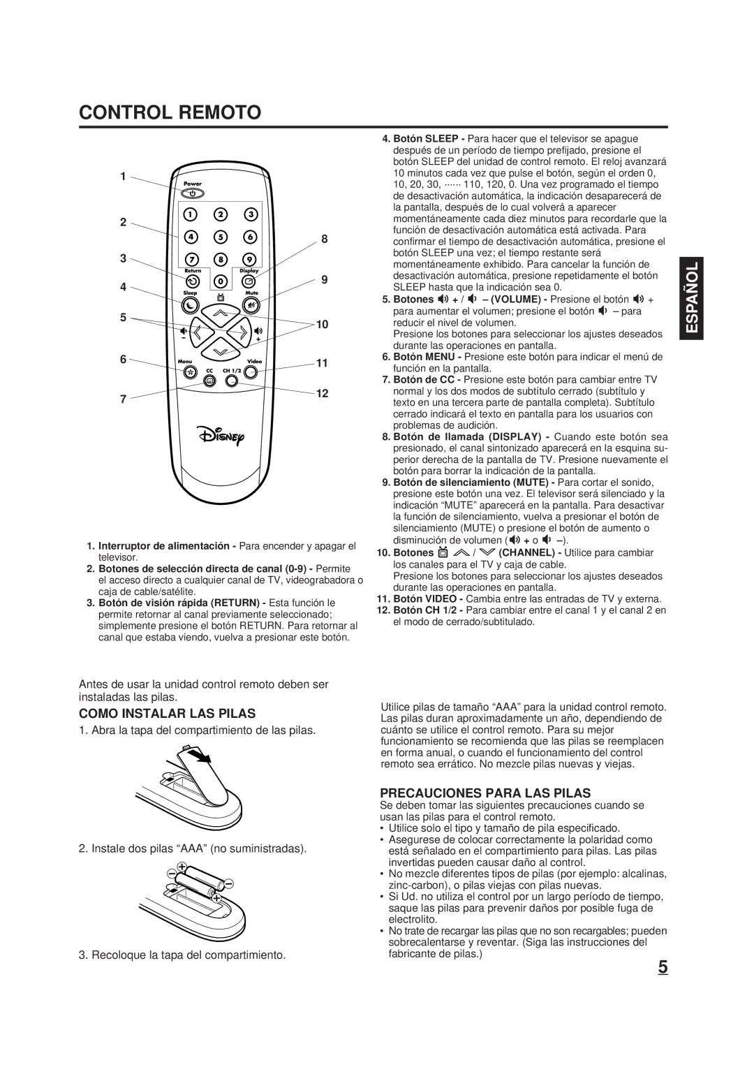 Disney DT1900-P manual Control Remoto, Como Instalar LAS Pilas, Precauciones Para LAS Pilas 