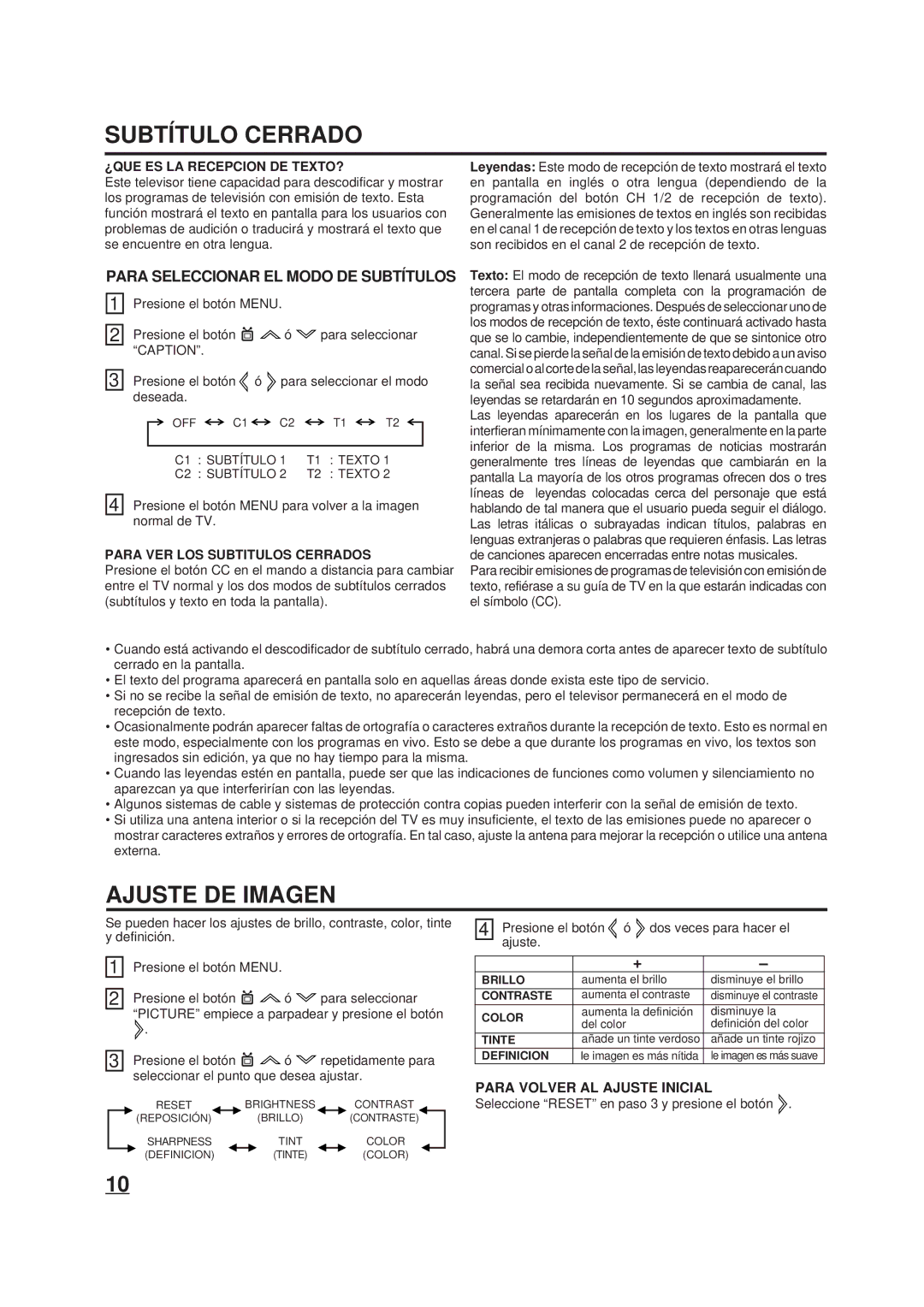 Disney DT1900-P Subtítulo Cerrado, Ajuste DE Imagen, Para Seleccionar EL Modo DE Subtítulos, Para Volver AL Ajuste Inicial 