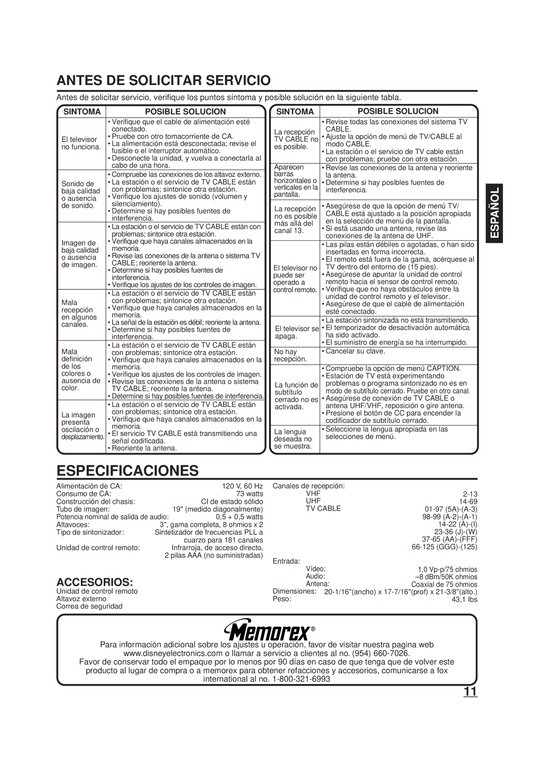 Disney DT1900-P manual Especificaciones, Antes DE Solicitar Servicio, Sintoma Posible Solucion, VHF UHF TV Cable 