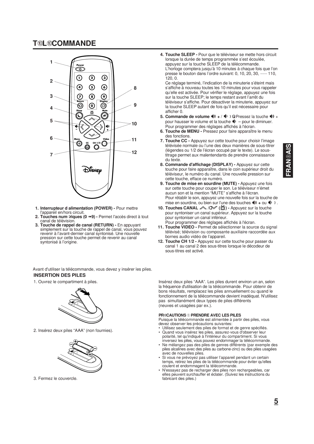 Disney DT1900-P manual TÉ LÉ Commande, Insertion DES Piles 