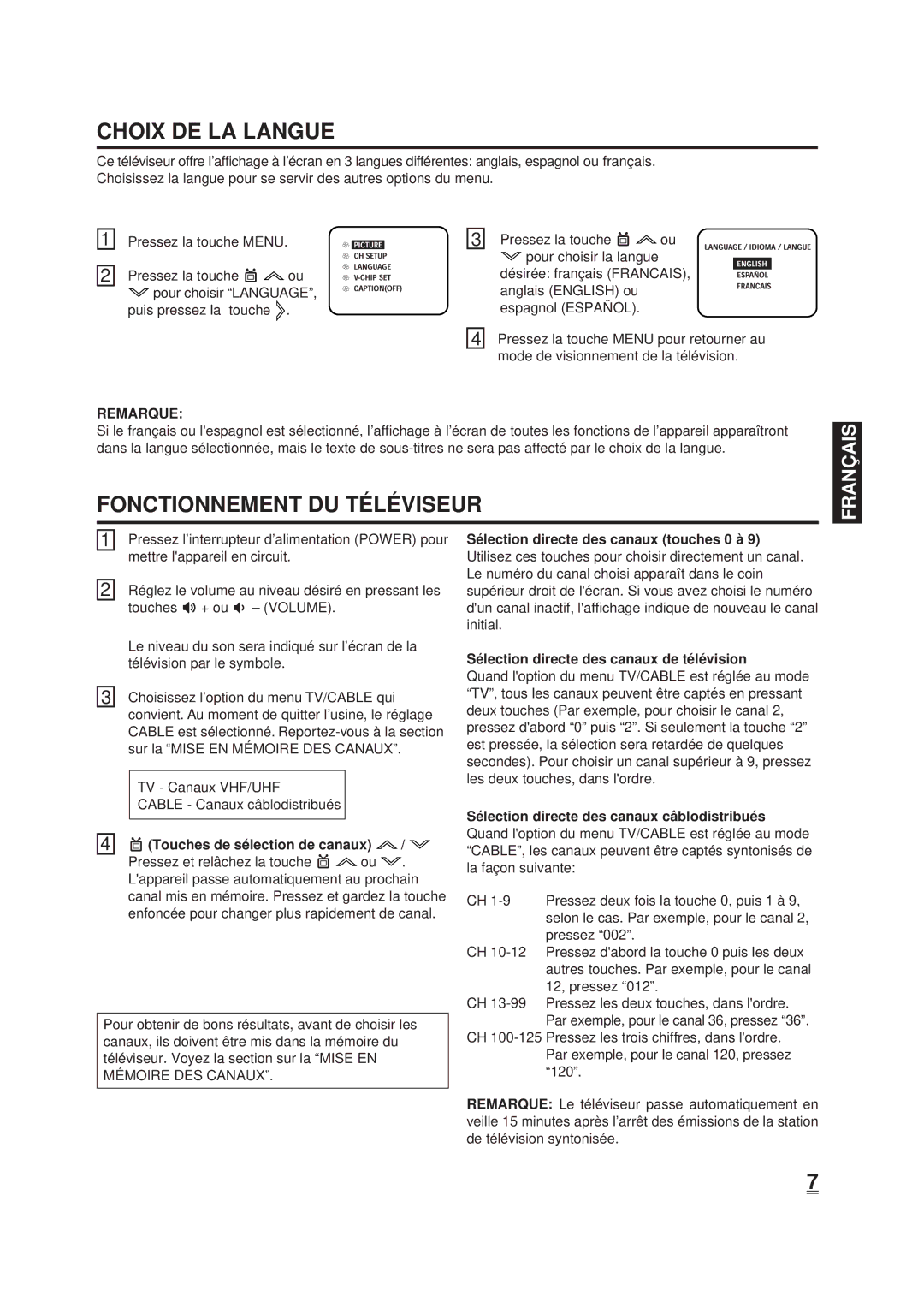 Disney DT1900-P manual Choix DE LA Langue, Fonctionnement DU TÉ LÉ Viseur, Remarque 