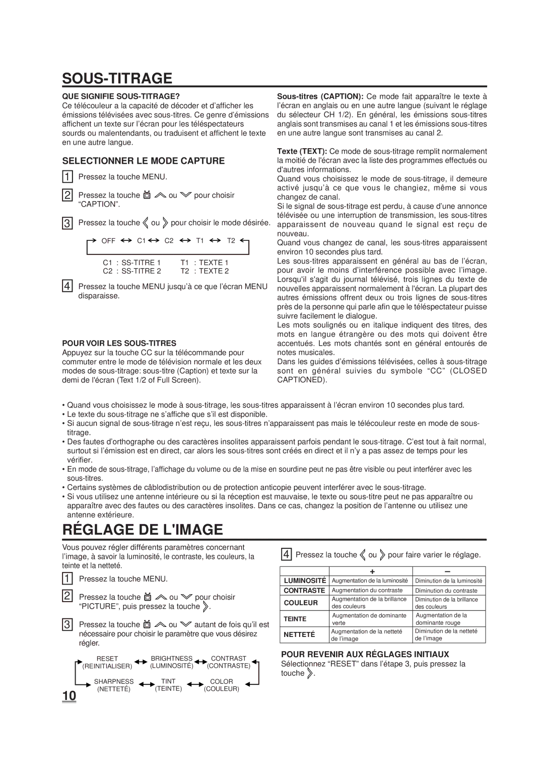 Disney DT1900-P manual Sous-Titrage, RÉ Glage DE Limage, Selectionner LE Mode Capture, Pour Revenir AUX RÉ Glages Initiaux 