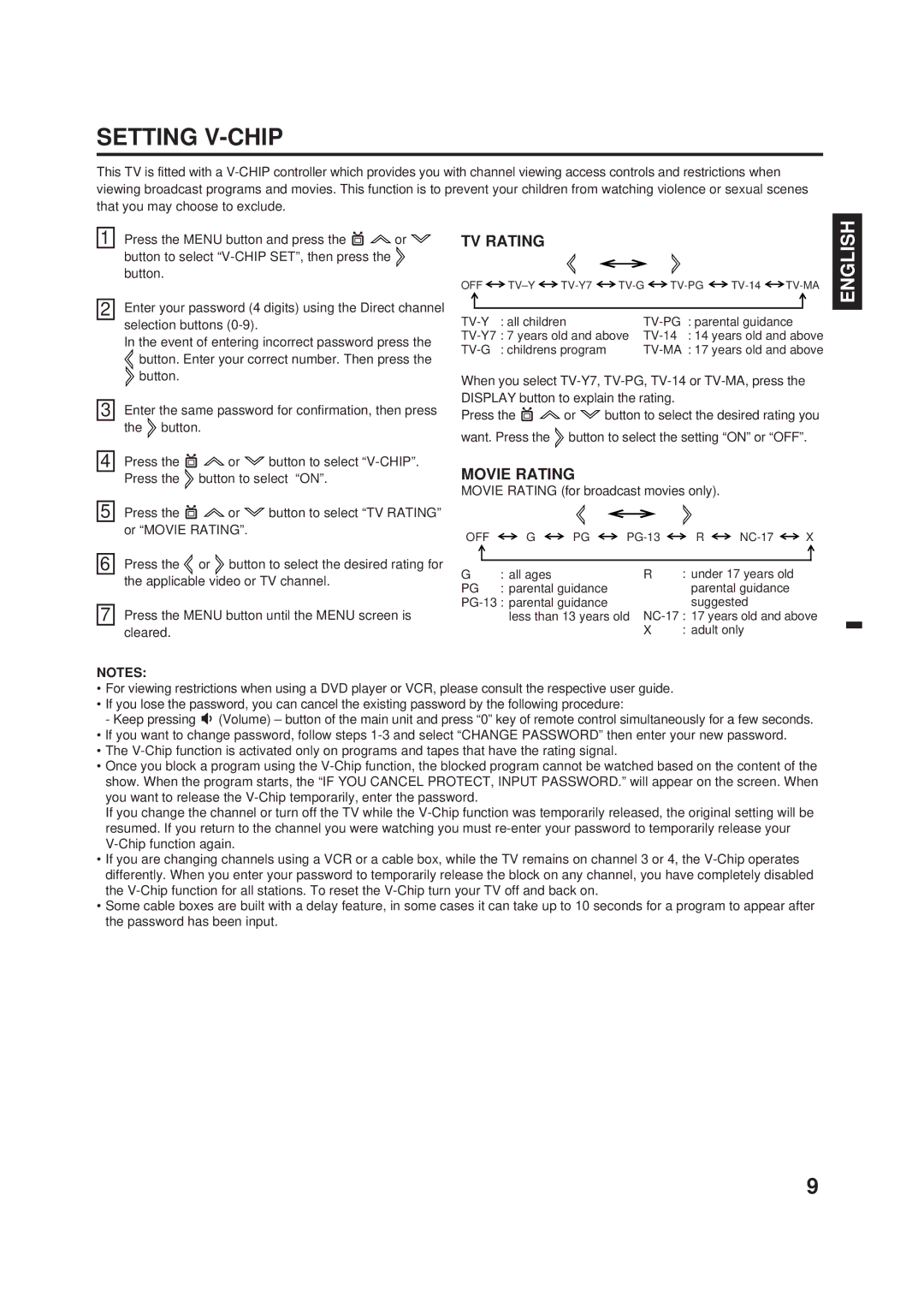 Disney DT1900-P manual Setting V-CHIP, TV Rating, Movie Rating 