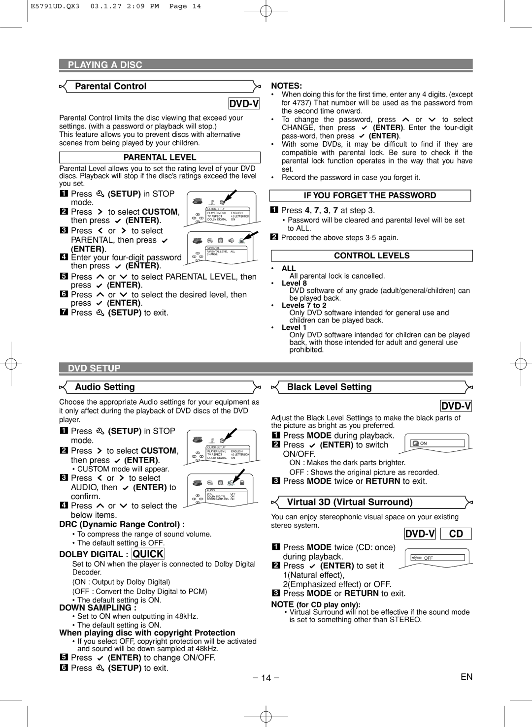 Disney DVD2000-P manual Parental Control, DVD Setup, Audio Setting Black Level Setting, Virtual 3D Virtual Surround 