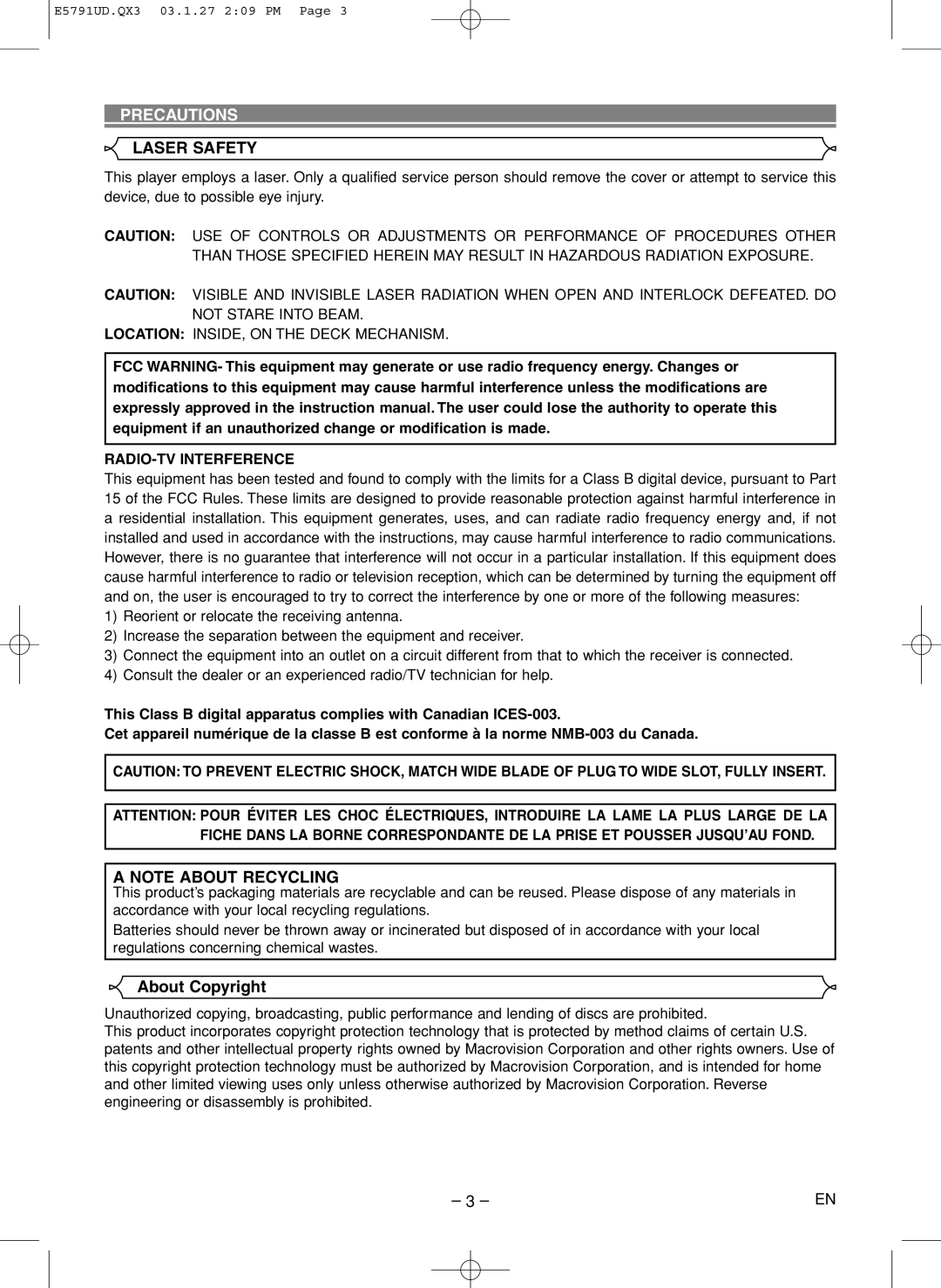 Disney DVD2000-P manual Precautions, About Copyright, RADIO-TV Interference 