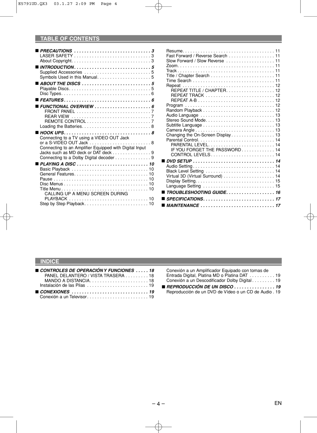 Disney DVD2000-P manual Table of Contents, Indice 