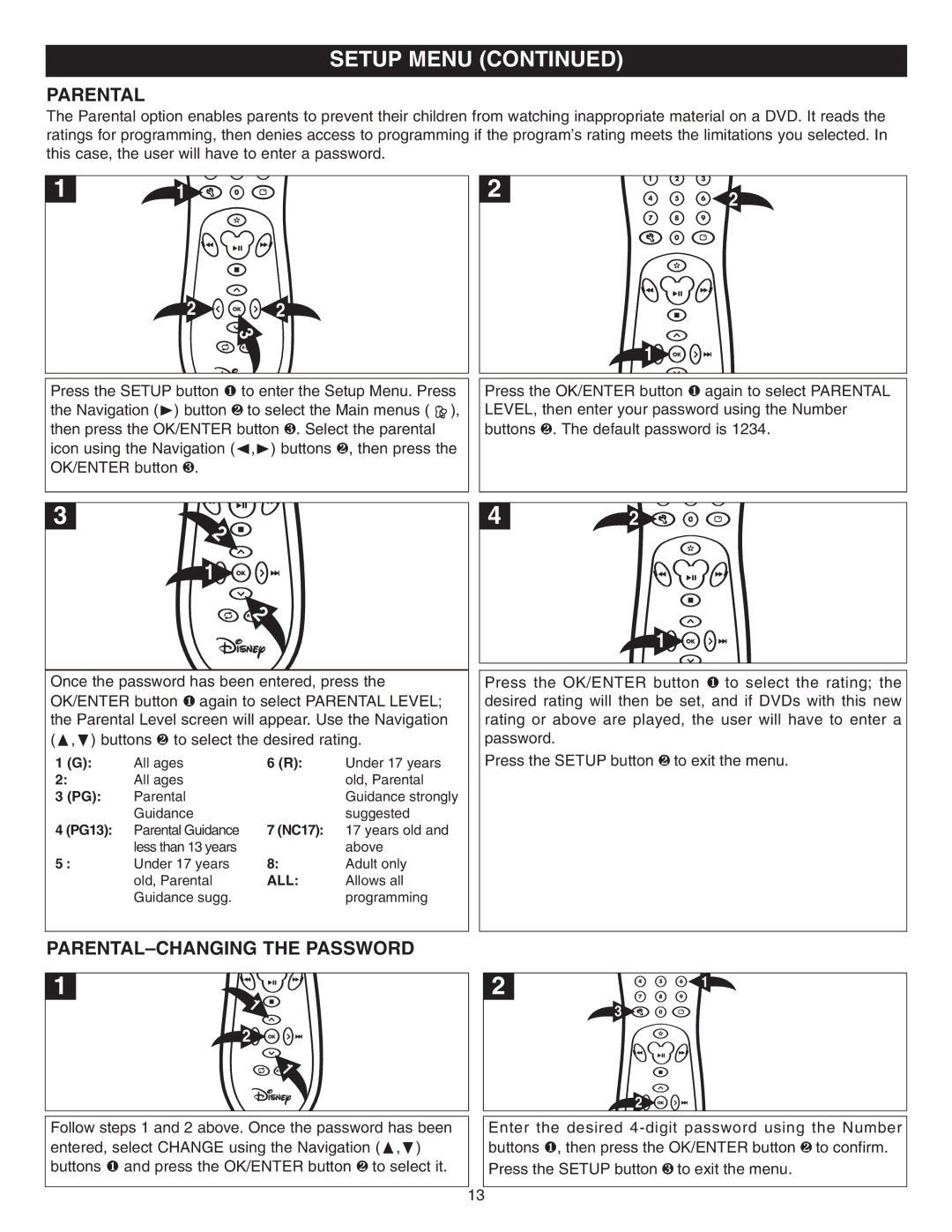 Disney DVD2050-C manual Parental, PARENTAL-CHANGING the Password 