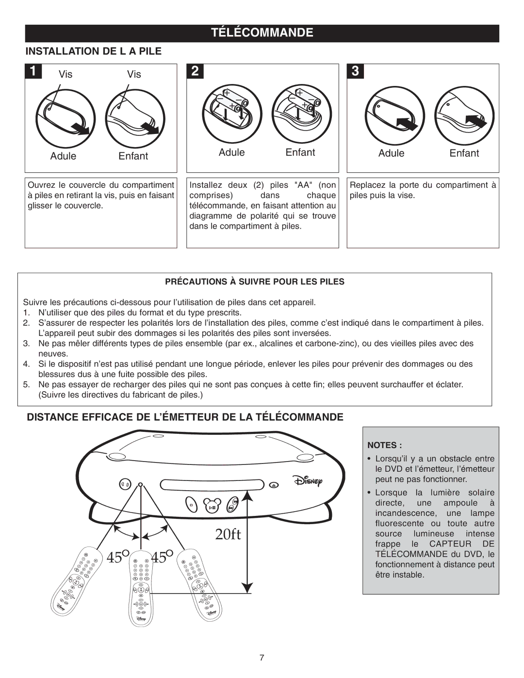 Disney DVD2050-C manual Installation DE L a Pile, Distance Efficace DE L’ÉMETTEUR DE LA Télécommande 