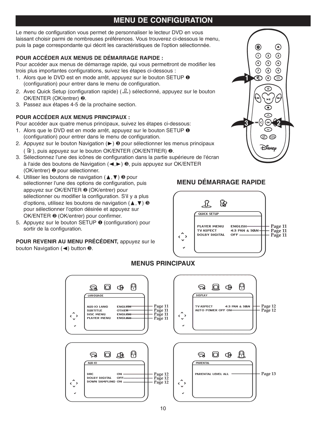 Disney DVD2050-C manual Menu DE Configuration, Menus Principaux, Pour Accéder AUX Menus DE Démarrage Rapide 