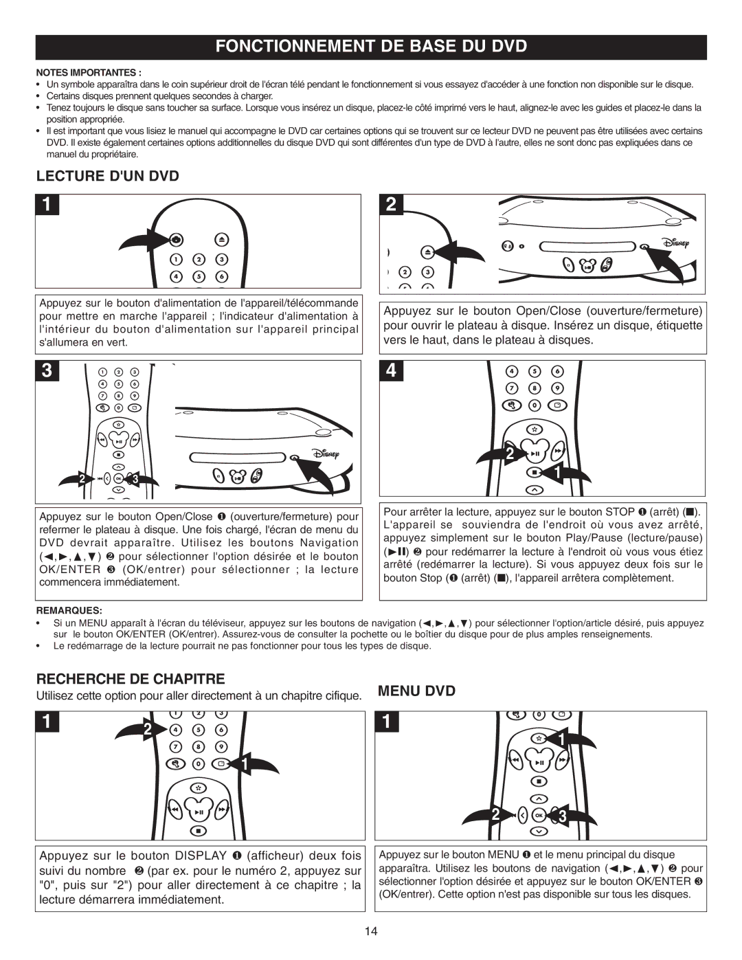 Disney DVD2050-C manual Fonctionnement DE Base DU DVD, Lecture DUN DVD, Recherche DE Chapitre 