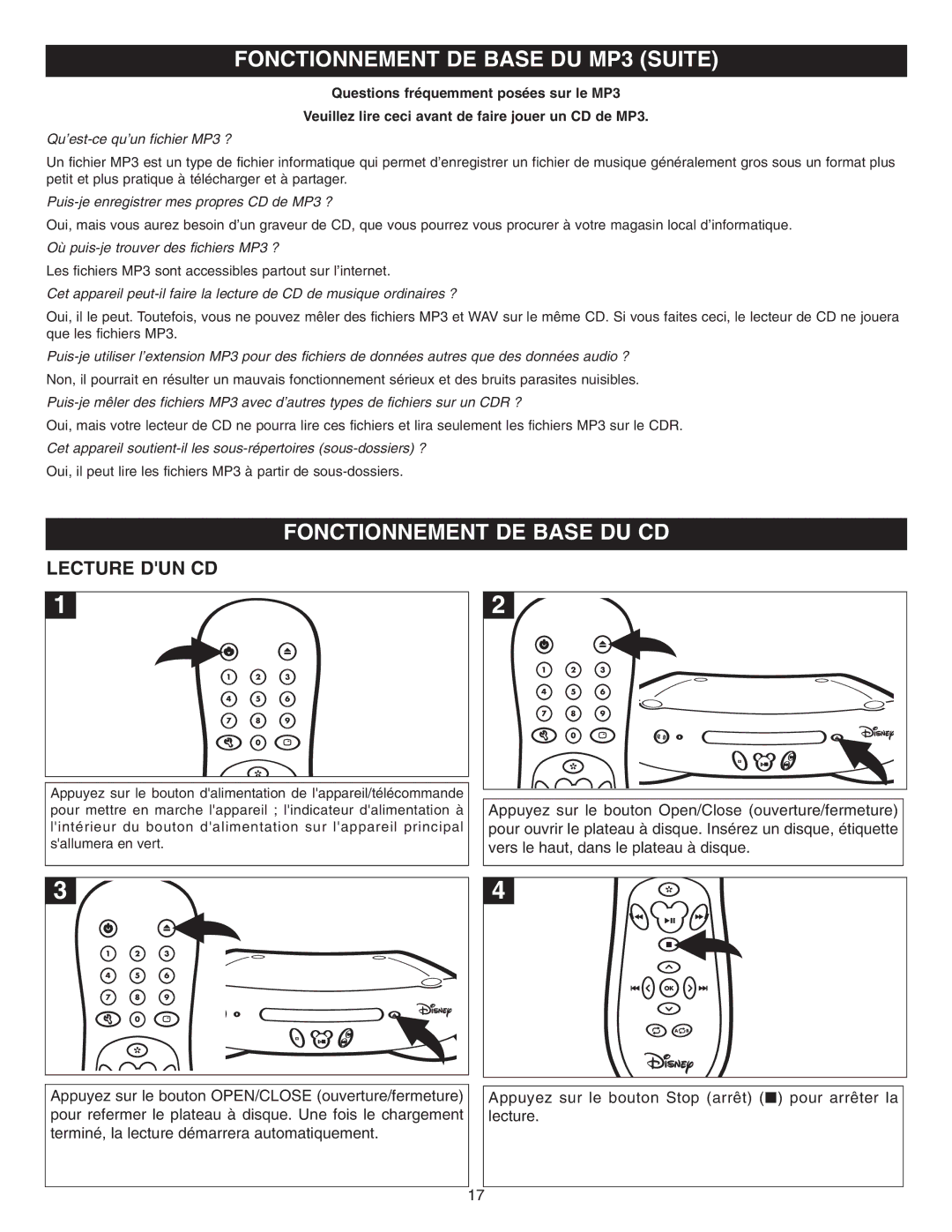 Disney DVD2050-C manual Fonctionnement DE Base DU MP3 Suite, Fonctionnement DE Base DU CD, Lecture DUN CD 