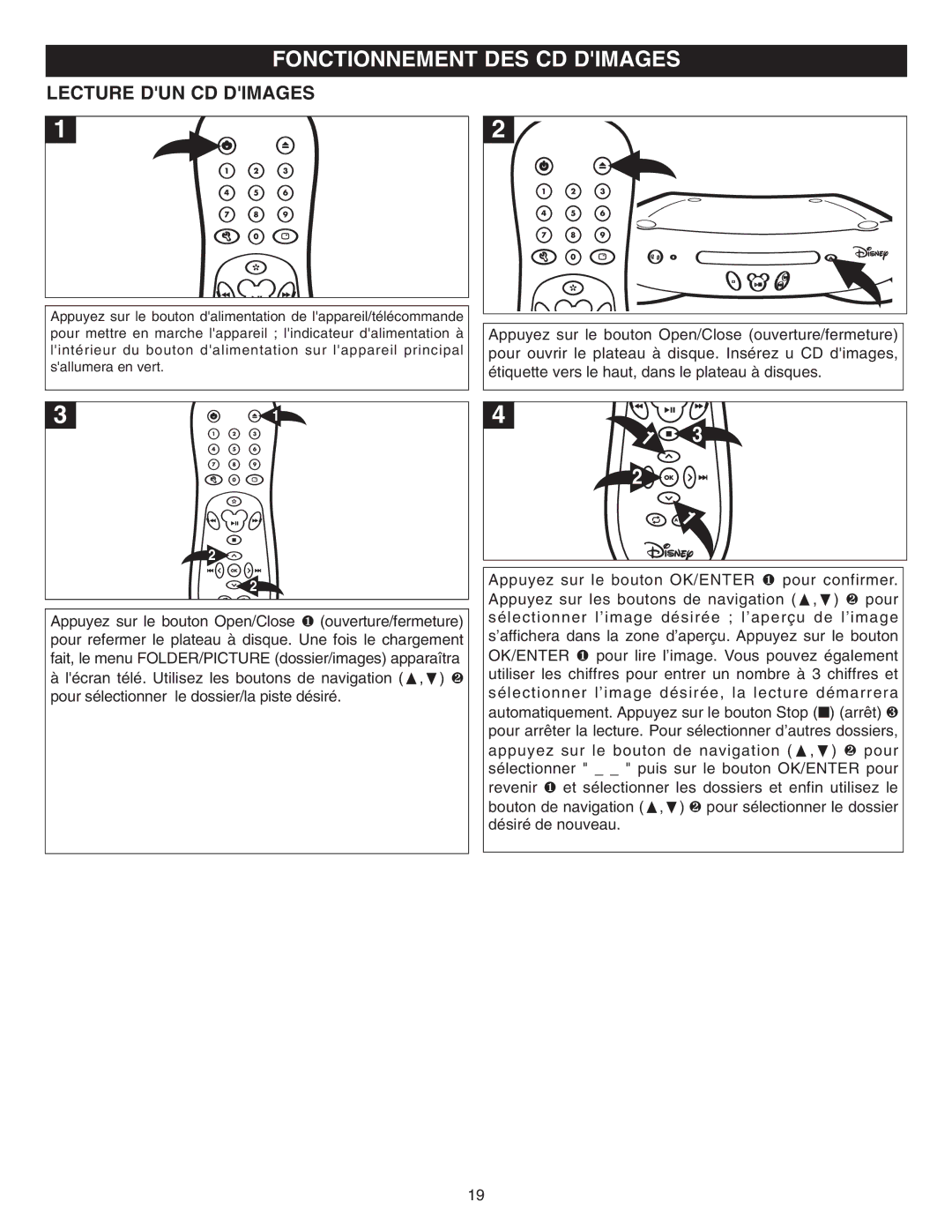 Disney DVD2050-C manual Fonctionnement DES CD Dimages, Lecture DUN CD Dimages 