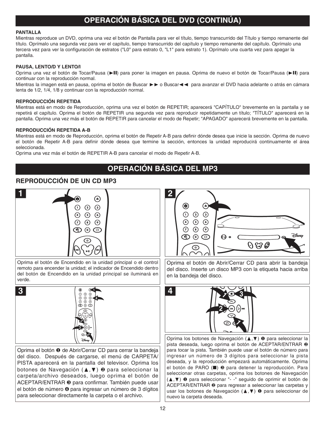 Disney DVD2050-C manual Operación Básica DEL DVD Continúa, Operación Básica DEL MP3, Reproducción DE UN CD MP3 