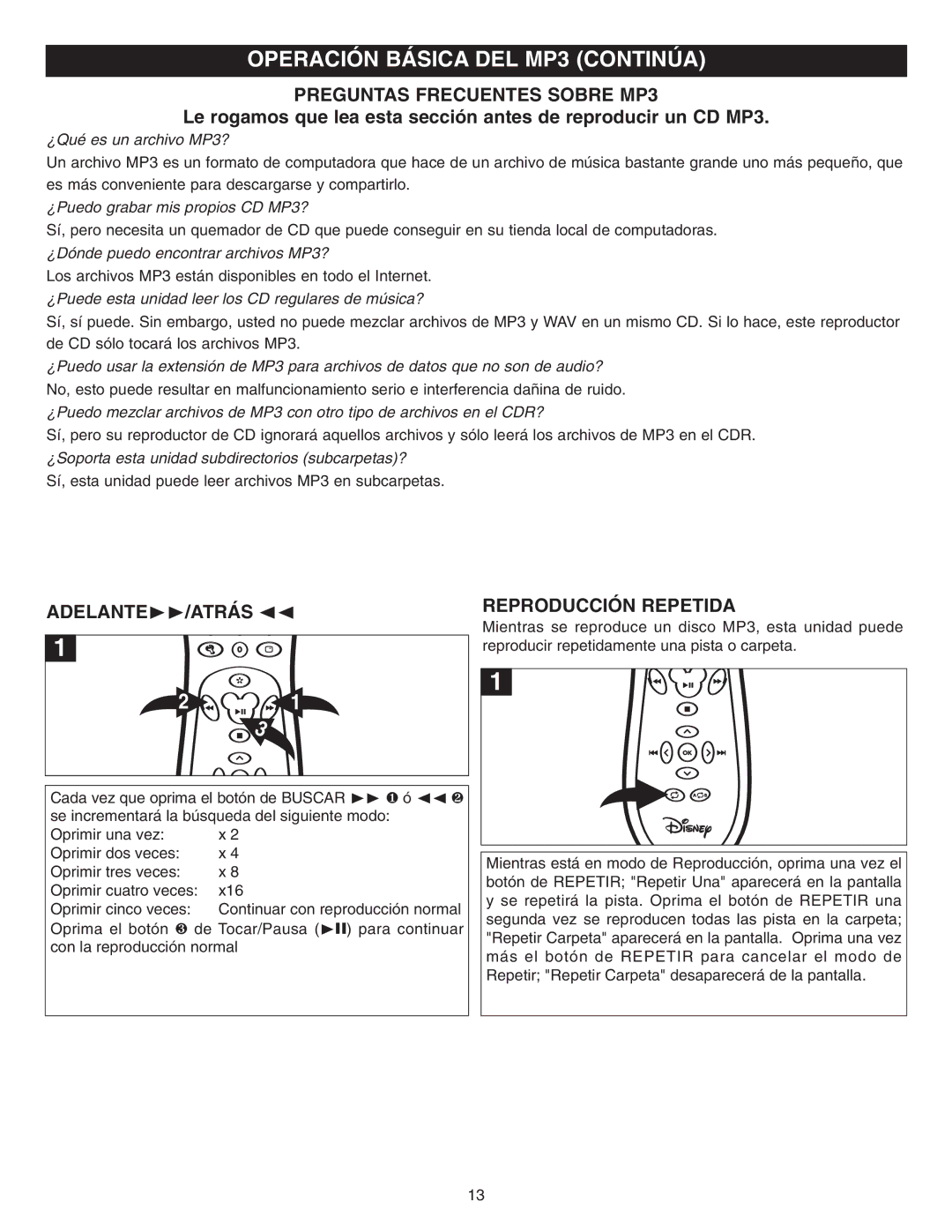 Disney DVD2050-C Operación Básica DEL MP3 Continúa, Preguntas Frecuentes Sobre MP3, ADELANTE/ATRÁS Reproducción Repetida 