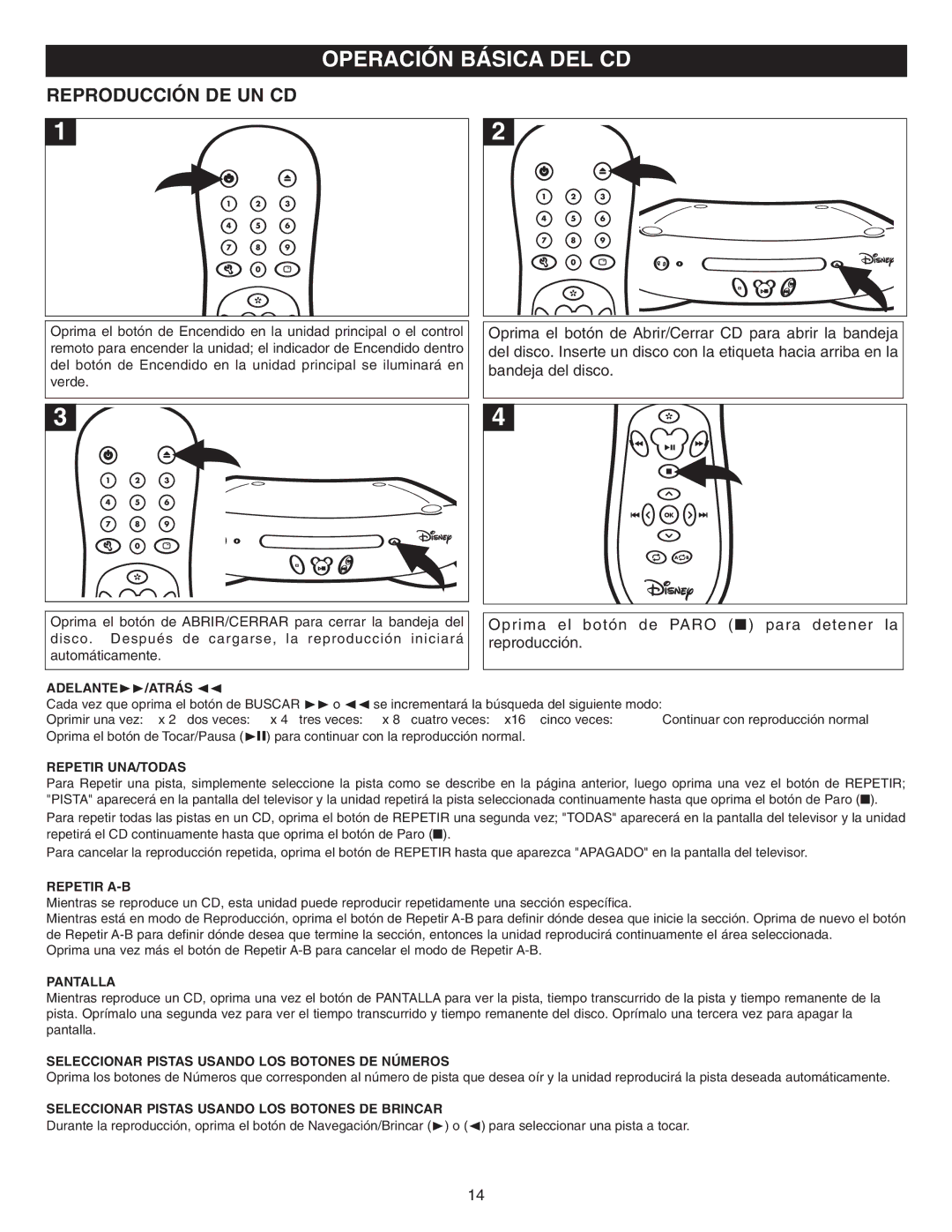 Disney DVD2050-C manual Operación Básica DEL CD, Reproducción DE UN CD 