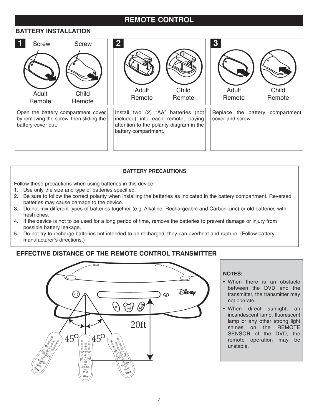 Disney DVD2050-C manual Battery Installation, Effective Distance of the Remote Control Transmitter, Battery Precautions 