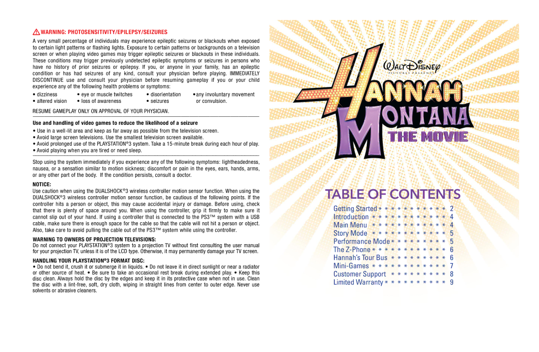 Disney Hannah Montana manual Table of Contents 