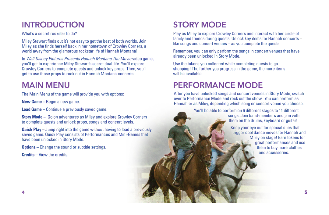 Disney Hannah Montana manual Introduction, Main Menu, Story Mode, Performance Mode 