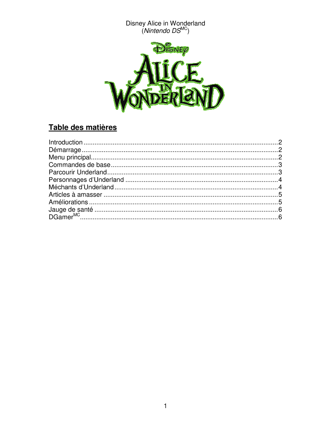 Disney Interactive Studios Alice in Wonderland for Nintendo DS manual Table des matières 