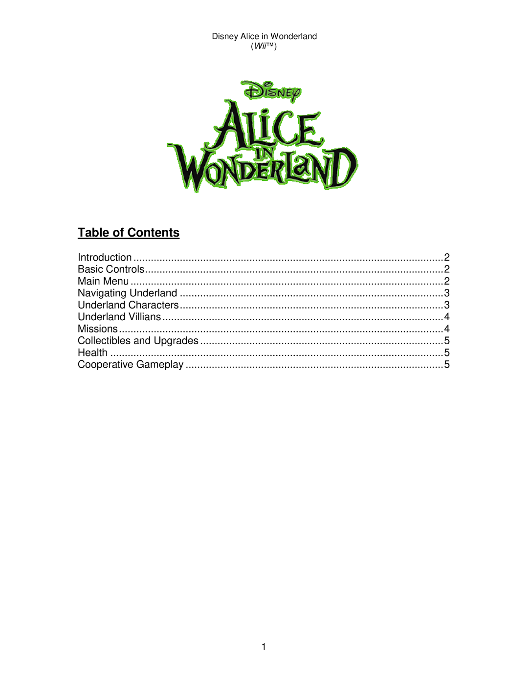 Disney Interactive Studios Alice in Wonderland for Wii manual Table of Contents 