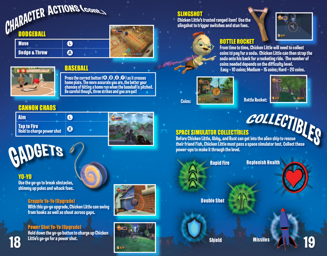Disney Interactive Studios Chicken Little Baseball, Cannon Chaos, Slingshot, Bottle Rocket, Yo-Yo, Coins, Replenish Health 