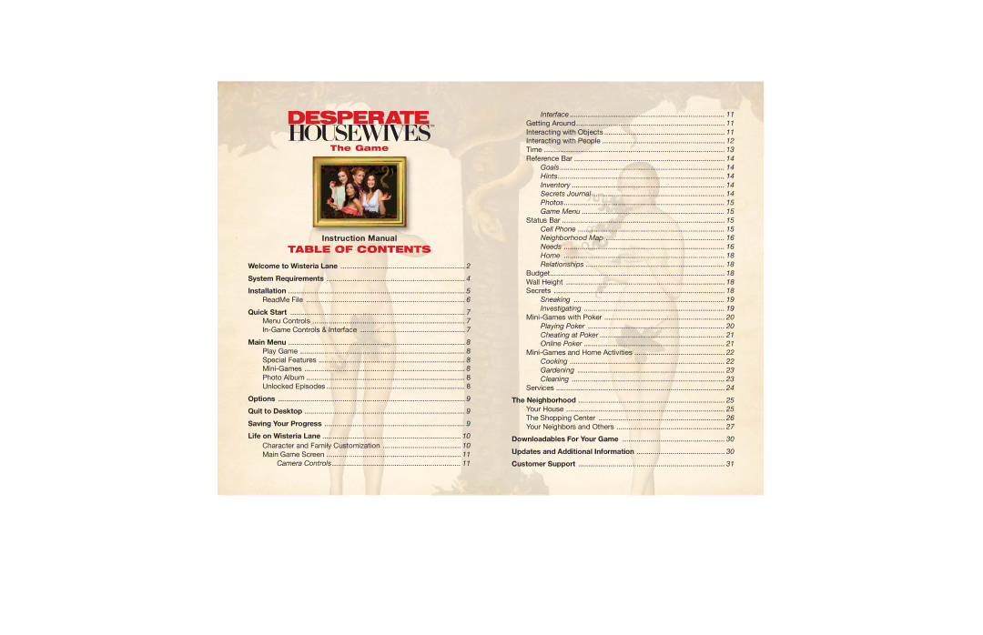 Disney Interactive Studios Desperate Housewives: The Game manual Table of Contents 