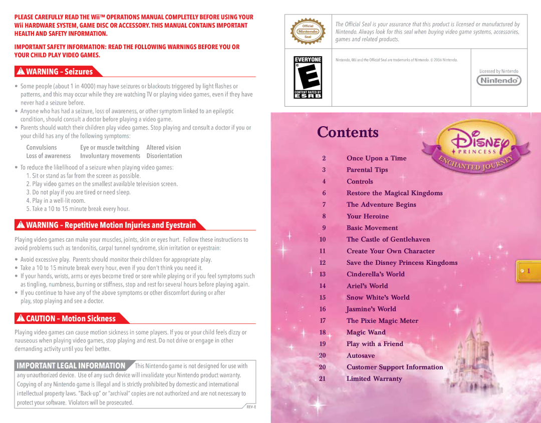 Disney Interactive Studios Disney Princess: Enchanted Journey manual Contents 