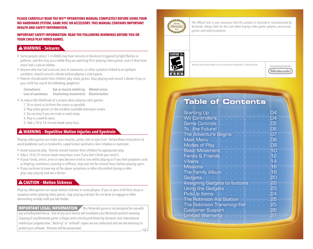 Disney Interactive Studios Disney's Meet the Robinsons manual Table of Contents 