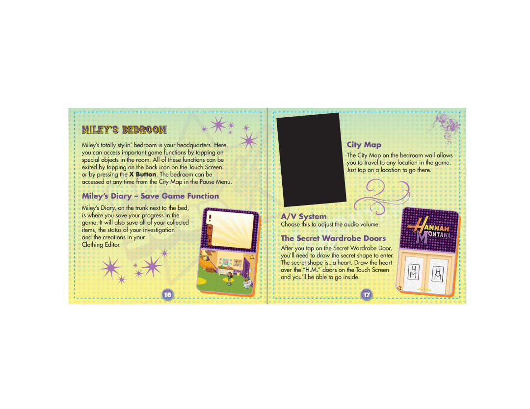 Disney Interactive Studios Hannah Montana for Nintendo DS MILEY’S Bedroom, Miley’s Diary Save Game Function, City Map 