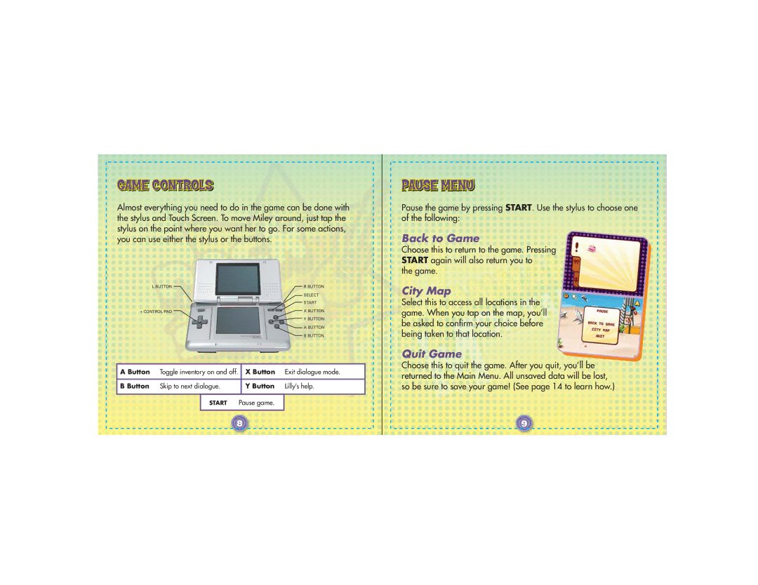 Disney Interactive Studios Hannah Montana for Nintendo DS manual Game Controls, Pause Menu 