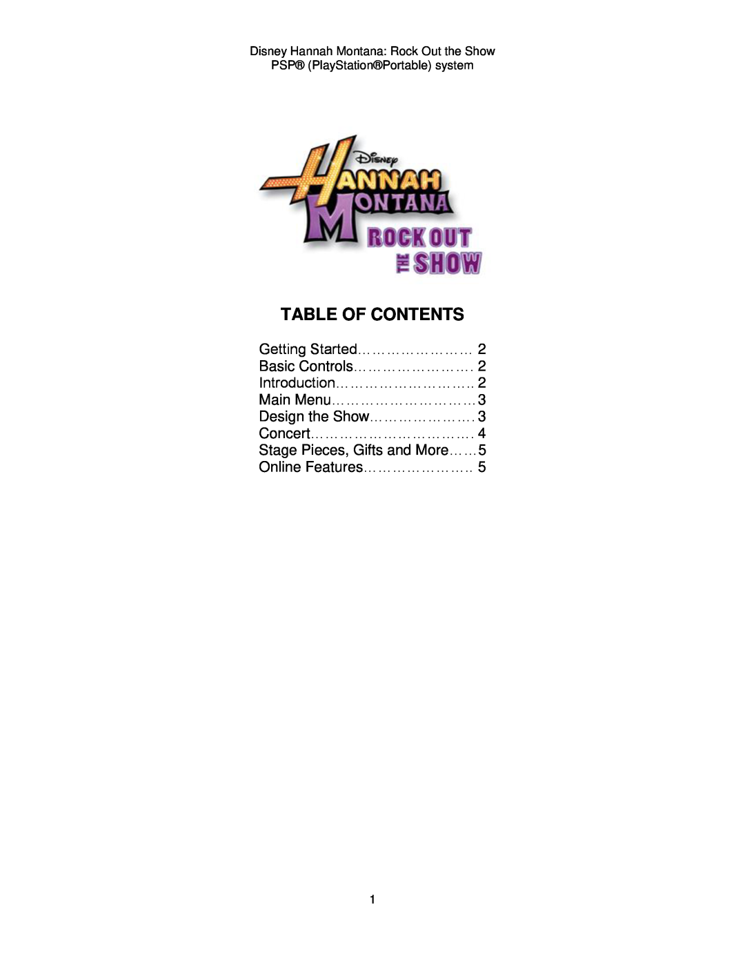 Disney Interactive Studios Hannah Montana: Rock Out the Show manual Table Of Contents, PSP PlayStationPortable system 