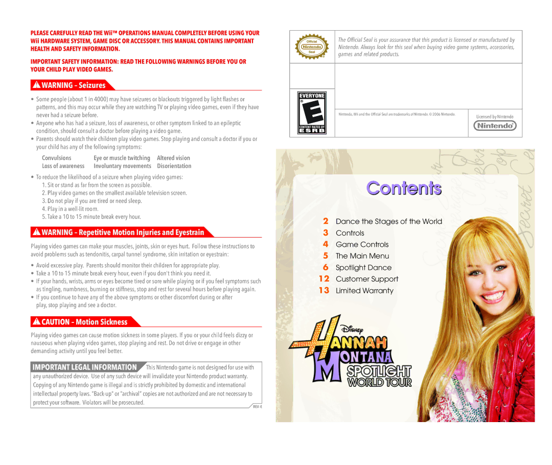 Disney Interactive Studios Hannah Montana: Spotlight World Tour manual Contents 